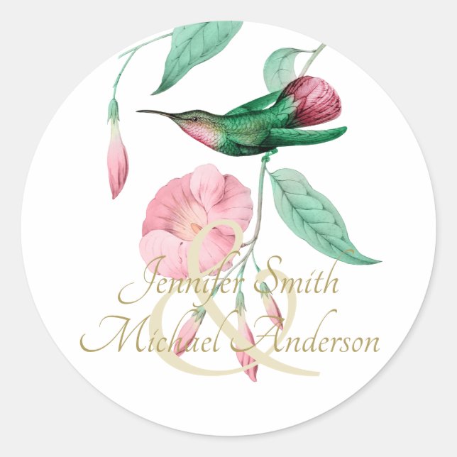 Indulgent Mint Pink Hummingbird Floral Vine Flower Classic Round Sticker (Front)