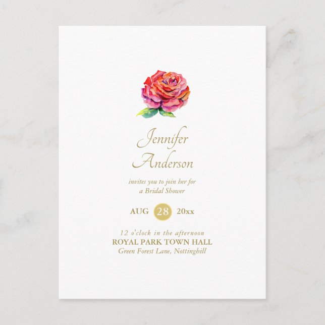 Indulgent Red Rose Watercolor Gold Bridal Shower Postcard (Front)