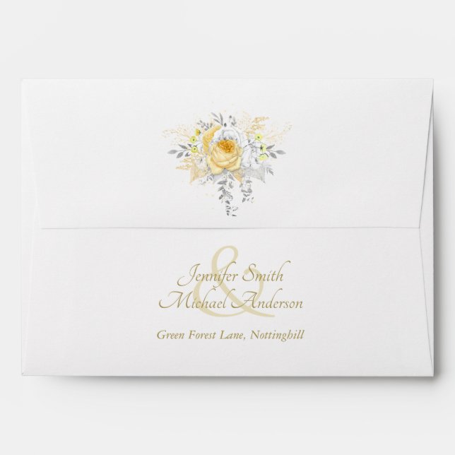 Indulgent White Gold Silver ROSES WEDDING Invite Envelope (Back (Top Flap))