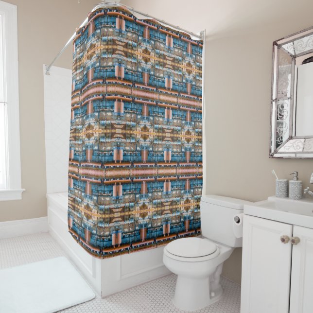 Industrial architecture blue rust medium pattern shower curtain (In Situ)