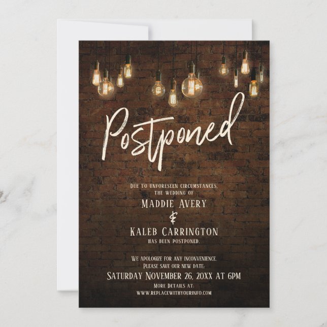 Industrial Brick Edison Lights Postponed Wedding Invitation (Front)