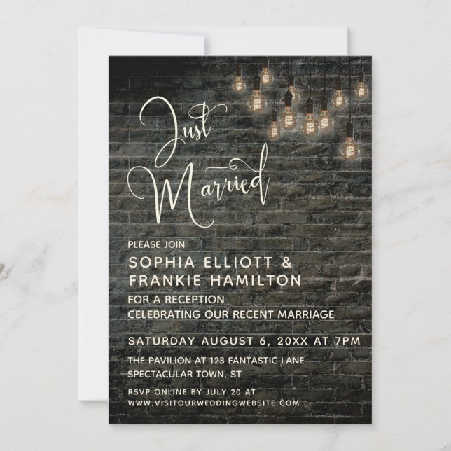 Industrial Brick Round Edison Lights, Just Married Invitation (Front)