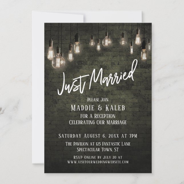 Industrial Brick with Edison Lights Just Married Invitation (Front)