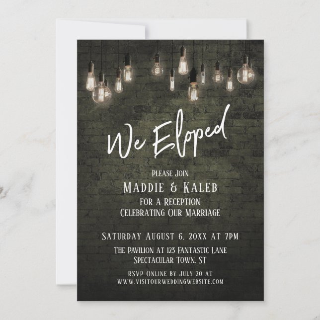 Industrial Brick with Edison Lights We Eloped Invitation (Front)