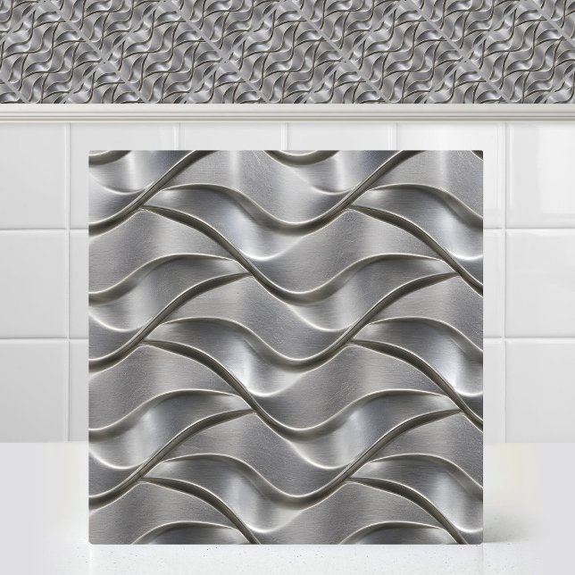 Industrial Brushed Titanium Waves Metal Pattern Tile (Industrial Brushed Titanium Waves Metal Pattern Ceramic Tile)