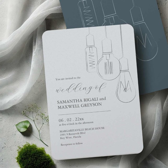 Industrial Chic Edison Bulb Wedding Invitations (Industrial chic wedding invitation suite modern Edison bulb art by Victoria Grigaliunas DoTellABelle)