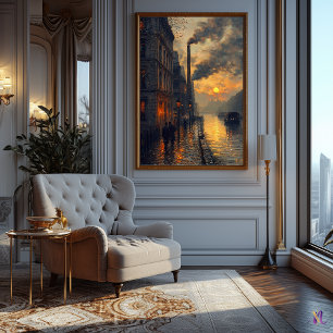 Industrial Cityscape at Sunset Impressionist Style Poster