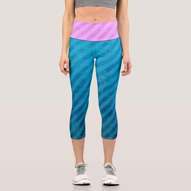 Industrial Electric Pink and Blue Stripes Capri Leggings (Front)