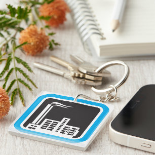 Industrial Factory Icon with Smokestacks Key Ring