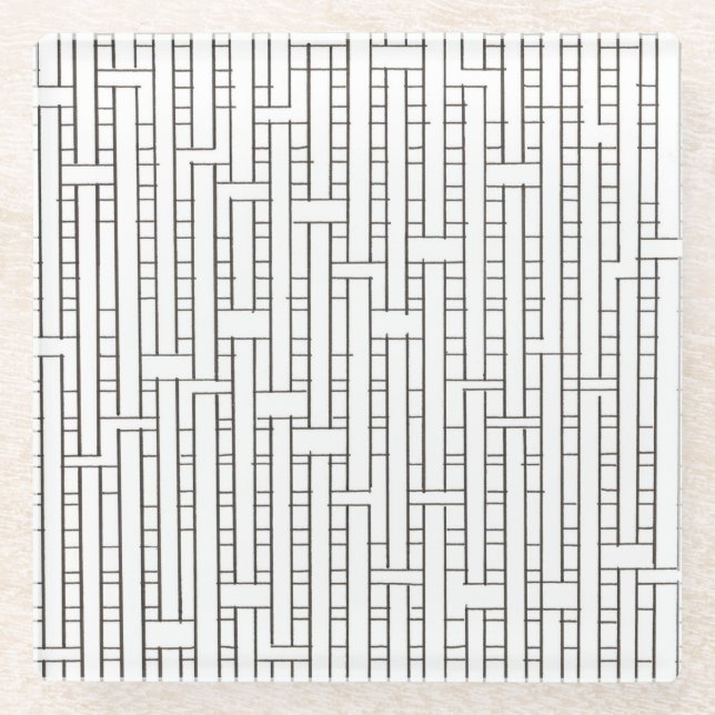 Industrial Grid-Black and White Modern Minimalist Glass Coaster (Front)