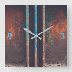 Industrial grunge brown blue rusted square wall clock