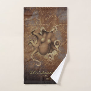 Industrial grunge steampunk octopus brown custom hand towel