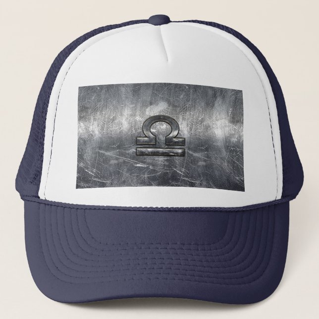 Industrial Libra Zodiac Sign in Silver Steel Trucker Hat (Front)