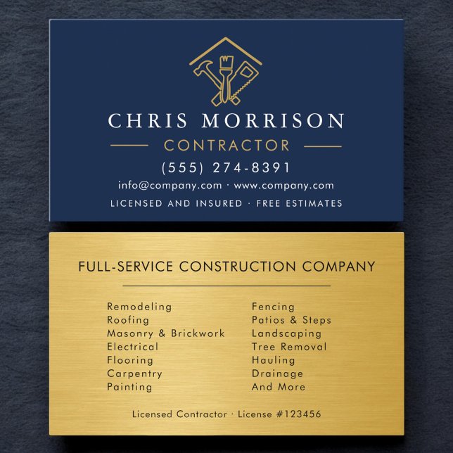 Industrial Navy Blue Gold Metal Home Improvement Business Card (Creator Uploaded)