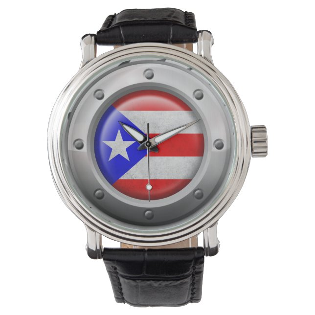 Industrial Puerto Rican Flag Steel Graphic Watch (Front)