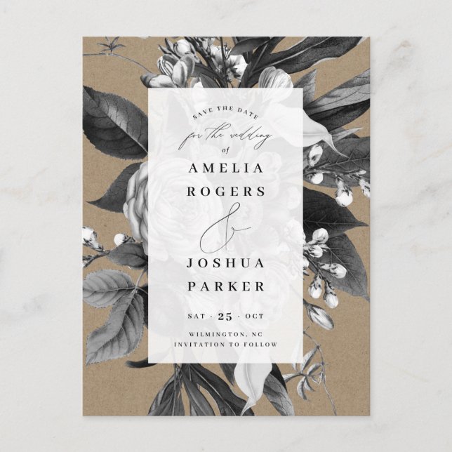 Industrial Rustic Chic Floral Save The Date Kraft Announcement Postcard (Front)