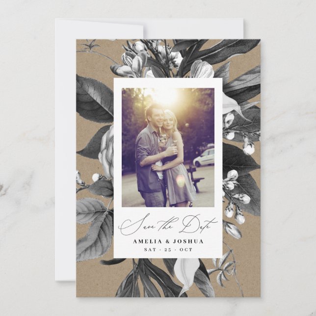 Industrial Rustic Chic Floral Wedding Photo Kraft Save The Date (Front)