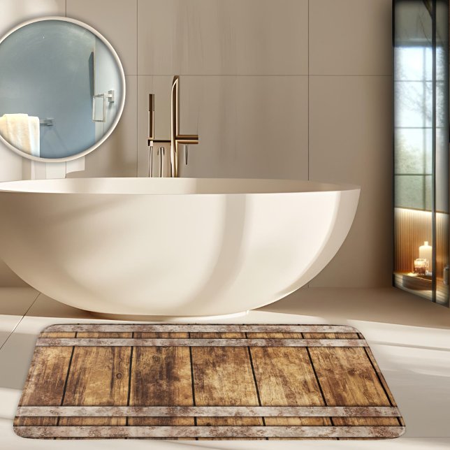 Industrial Rustic Wood Wine Barrel Bath Mat (Industrial wine barrel design bath mat with weathered wood and rustic metal)