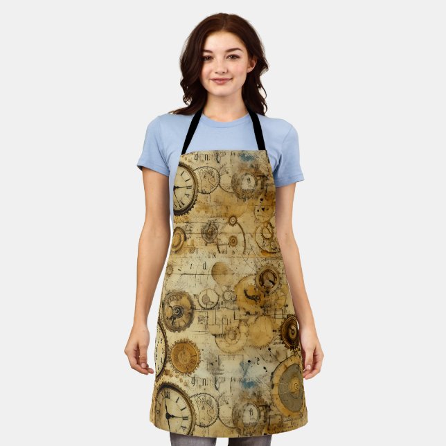 Industrial Steampunk Timepiece Sepia Brass Apron (Worn)