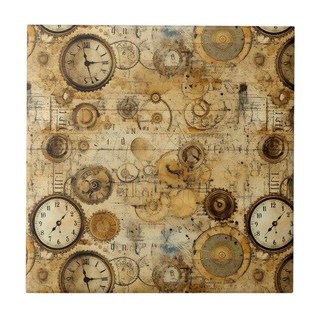 Industrial Steampunk Timepiece Sepia Brass Tile (Front)