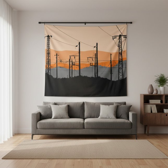 Industrial Sunset Silhouette Power Lines Tapestry (Creator Uploaded)