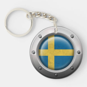 Industrial Swedish Flag with Steel Graphic Key Ring
