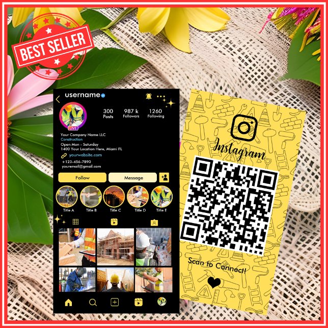 Industrial Yellow Construction Instagram QR Code Business Card (Creator Uploaded)
