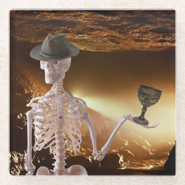 "Indy" Bones Halloween Skeleton  Glass Coaster (Front)
