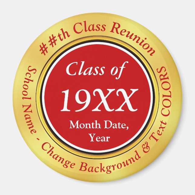Inexpensive Red, White, Gold, Class Reunion Favour Magnet (Front)