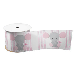 Infant Baby Girl Pink Elephant w/Stripes Satin Ribbon