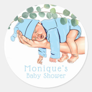 Infant Boy On Mum’s Arm Baby Shower Custom Classic Round Sticker