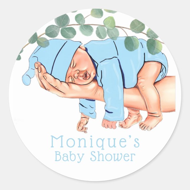 Infant Boy On Mum’s Arm Baby Shower Custom Classic Round Sticker (Front)