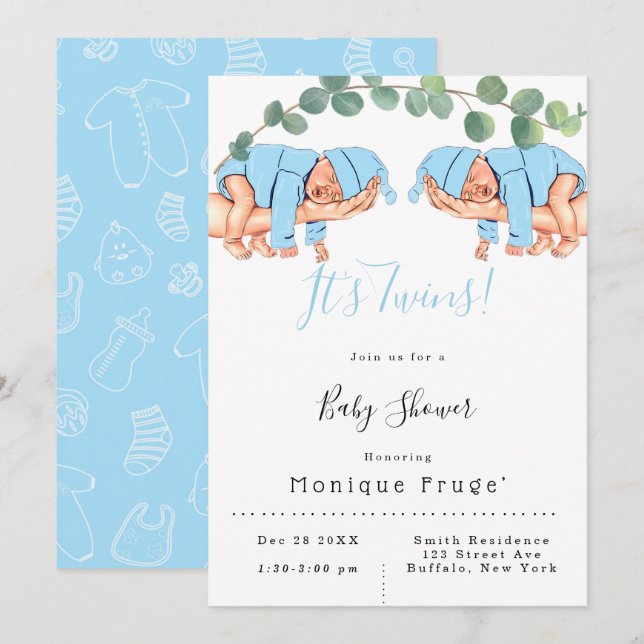 Infant Boy On Mummy’s Arm It’s Twins Baby Shower  Invitation (Front/Back)