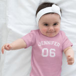 Infant Girl Name Jersey Number Pink Sports Cotton Baby Bodysuit<br><div class="desc">Create your own custom, personalised, cool, unisex sizing, modern, stylish white typography / font / script, monogrammed player name jersey number classy baby pink, 100% combed ring spun cotton super soft one-piece / bodysuit / infant creeper, with EasyTear™ label, a neckband that is designed for easy on-and-off, and reinforced three-snap...</div>