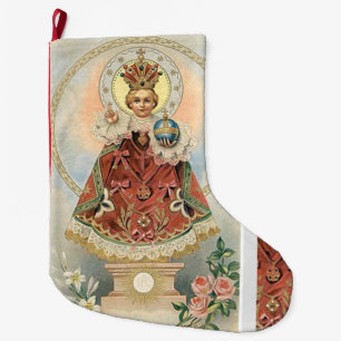 Infant Jesus of Prague w Roses Large Christmas Stocking