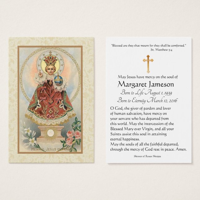 Infant Jesus Prague Funeral Memorial Holy Card - (Front & Back)