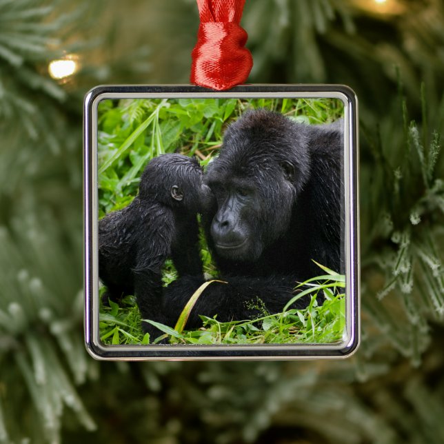 Infant Mountain Gorilla Kisses Silverback Gorilla Metal Tree Decoration (Tree)