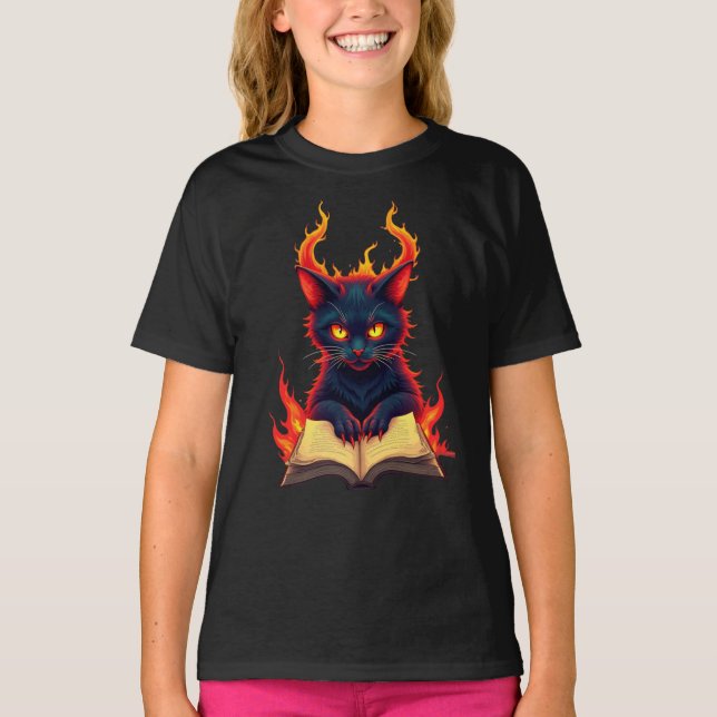Infernal Cat Reading a Spellbook T-Shirt (Front)