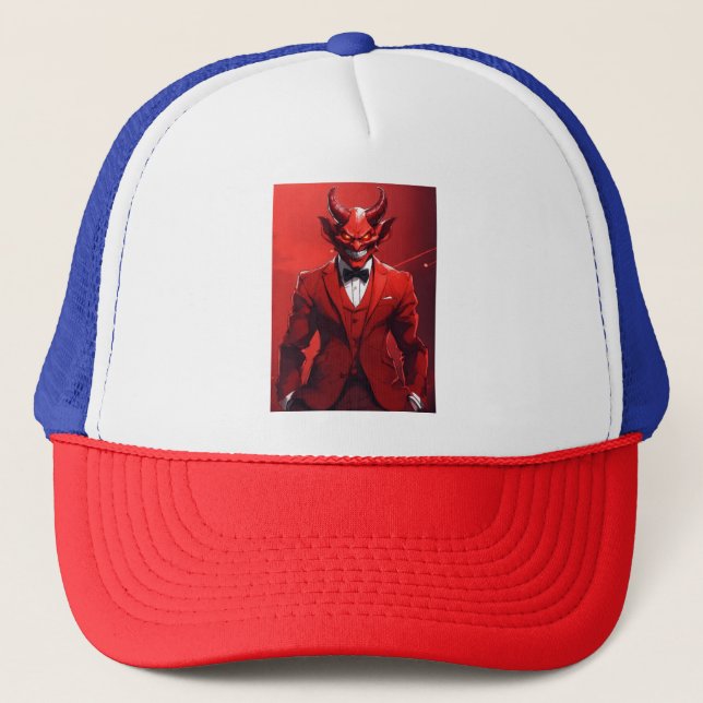 Infernal Elegance: Devil's Advocate Hat" Trucker Hat (Front)