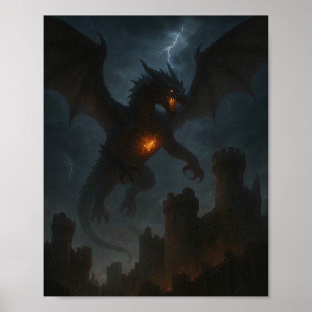 Inferno Dragon Over Dark Castle Poster (Front)
