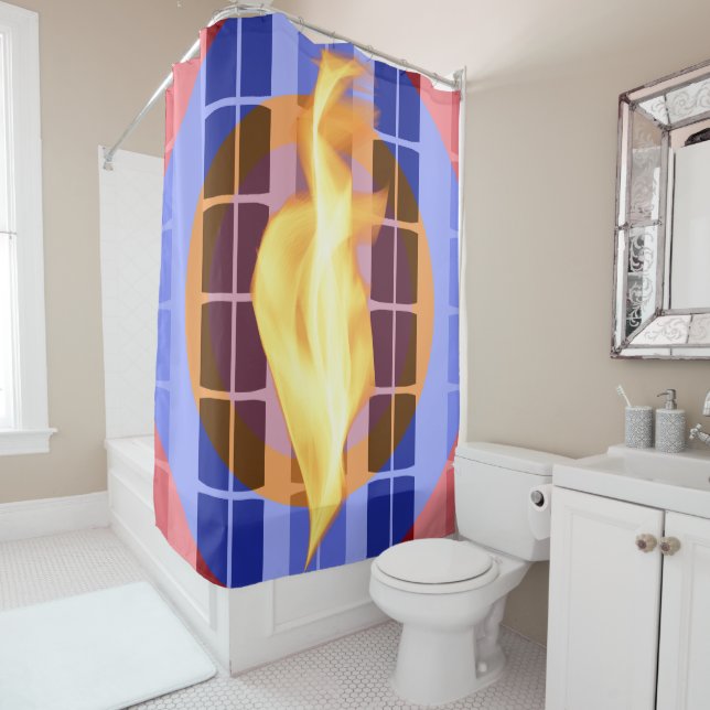 Inferno Grid: Fiery Abstract Shower Curtain (In Situ)