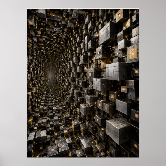 Infinite Futuristic Black Gold Cube Tunnel Poster  (Front)