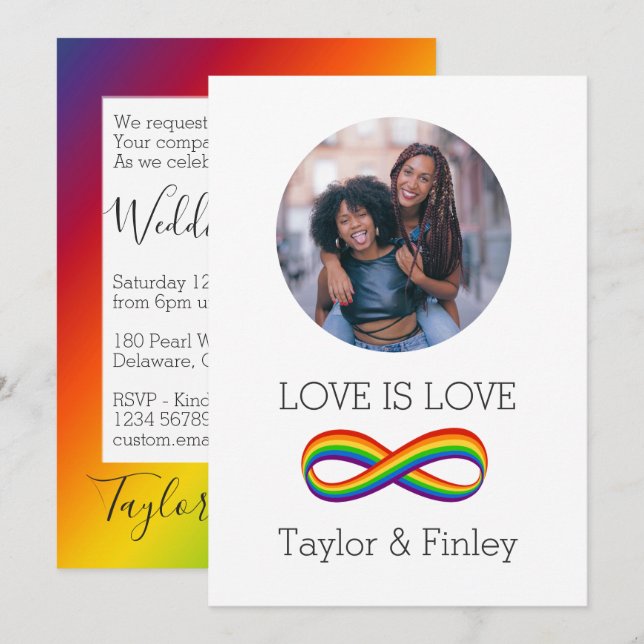  Infinite Symbol Rainbow Personalised LGBT Wedding Invitation (Front/Back)
