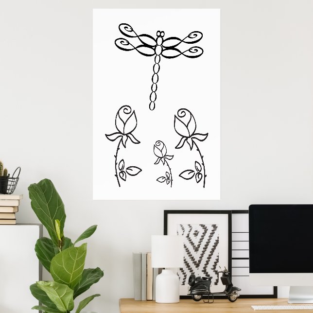 Infinity Dragonfly with Roses Black and White Poster (Home Office)