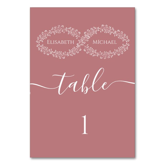 Infinity dusty rose botanical  romantic elegant table number (Front)