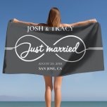 Infinity Just Married, Mr & Mrs, Honeymoon, Names Beach Towel<br><div class="desc">Celebrate your love and new journey together with this custom "Infinity Just Married" beach towel. Featuring the timeless "Mr & Mrs" design,  this towel is the perfect companion for your honeymoon or any romantic beach getaway. Personalise it with your names for a truly unique keepsake!</div>
