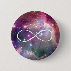 Infinity loop and galaxy space hipster background 6 cm round badge