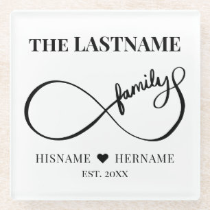Infinity Personalised Family Name and Est. Date Glass Coaster
