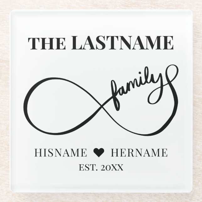 Infinity Personalised Family Name and Est. Date Glass Coaster (Front)