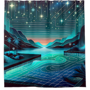 "Infinity Pool at Twilight: Serene Nightscape" Shower Curtain